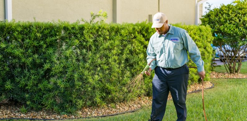 Technician spraying grass 