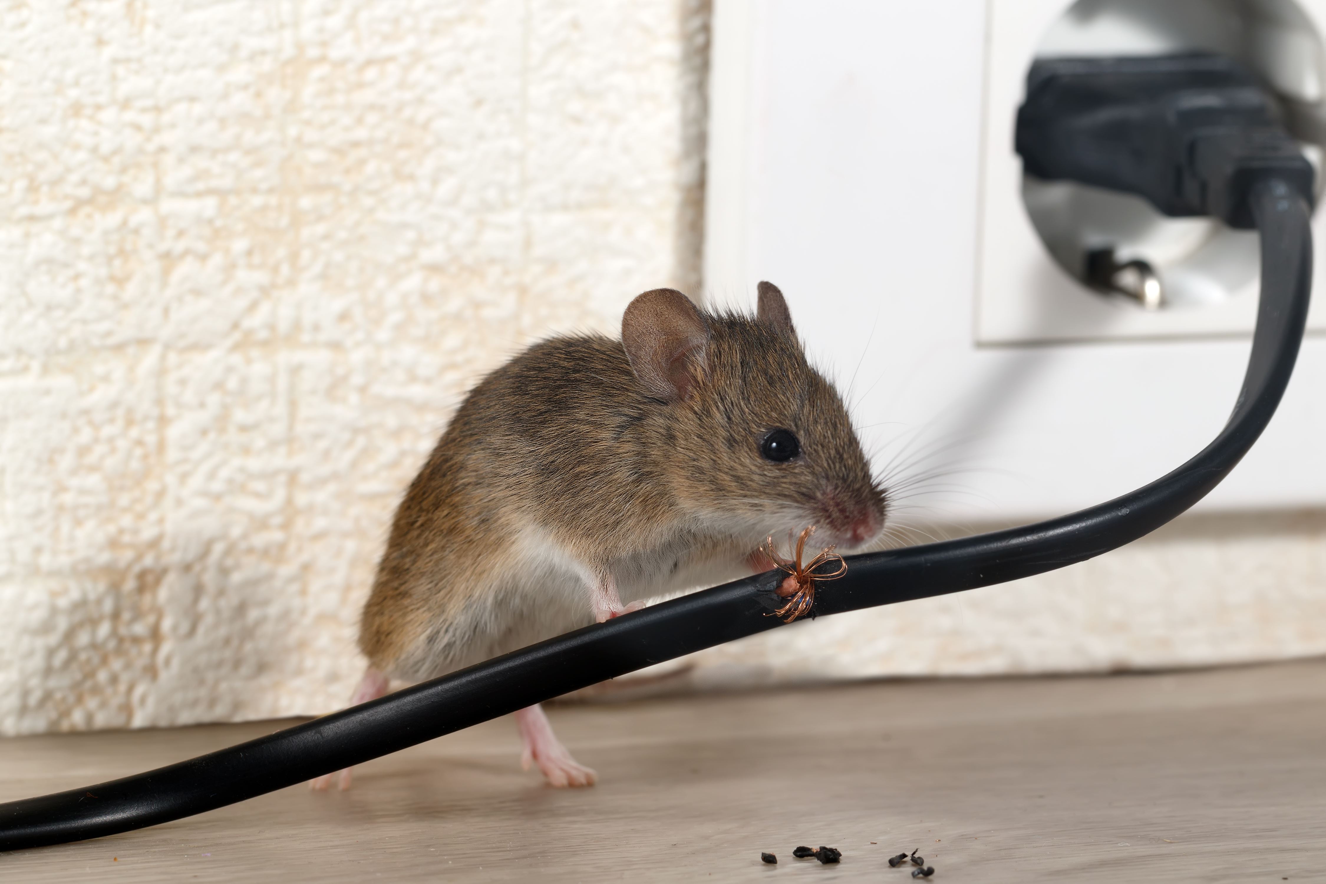 A mouse chewing a wire.