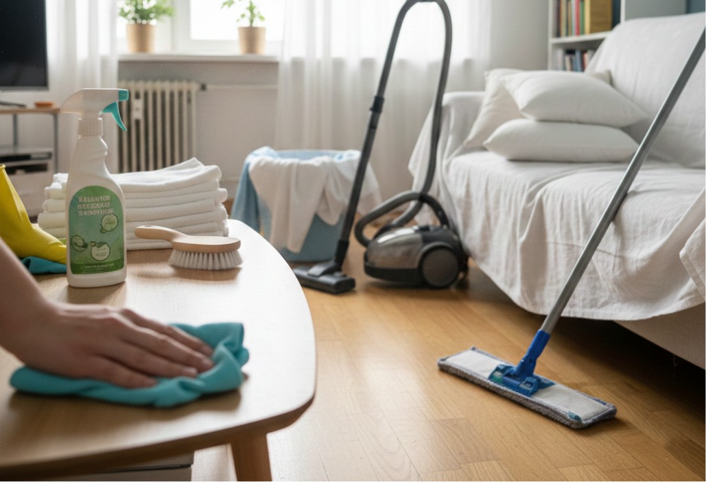Person wipes wooden table after pest control Florida service.