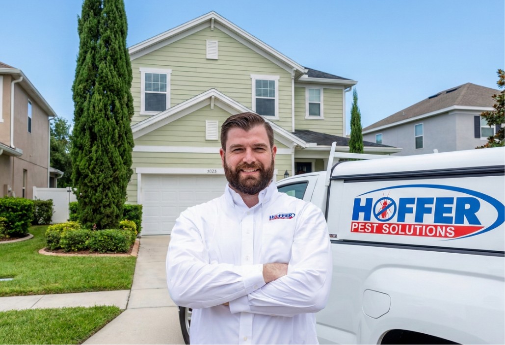 Man in Hoffer Pest Solutions shirt smiles arms crossed.