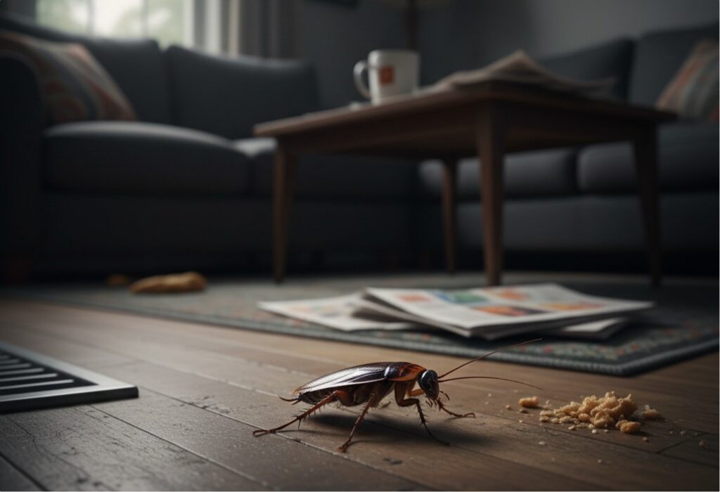 A cockroach crawls on a wooden floor near crumbs.
