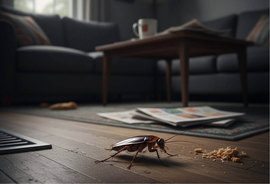 A cockroach crawls on a wooden floor near crumbs.