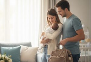 Young couple with newborn, gazing at infant, holding essentials.