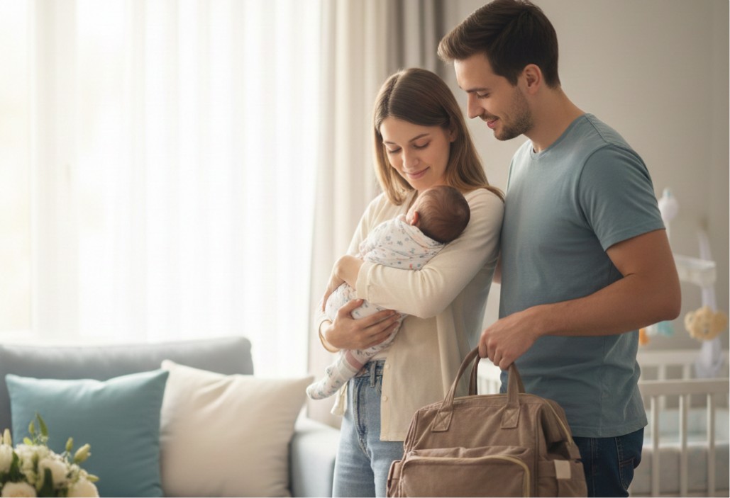 Young couple with newborn, gazing at infant, holding essentials.
