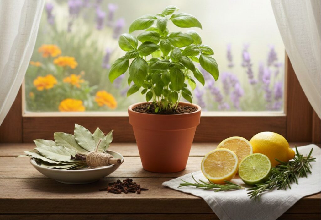 Basil plant and lemons on a windowsill.