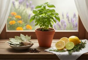 Basil plant and lemons on a windowsill.