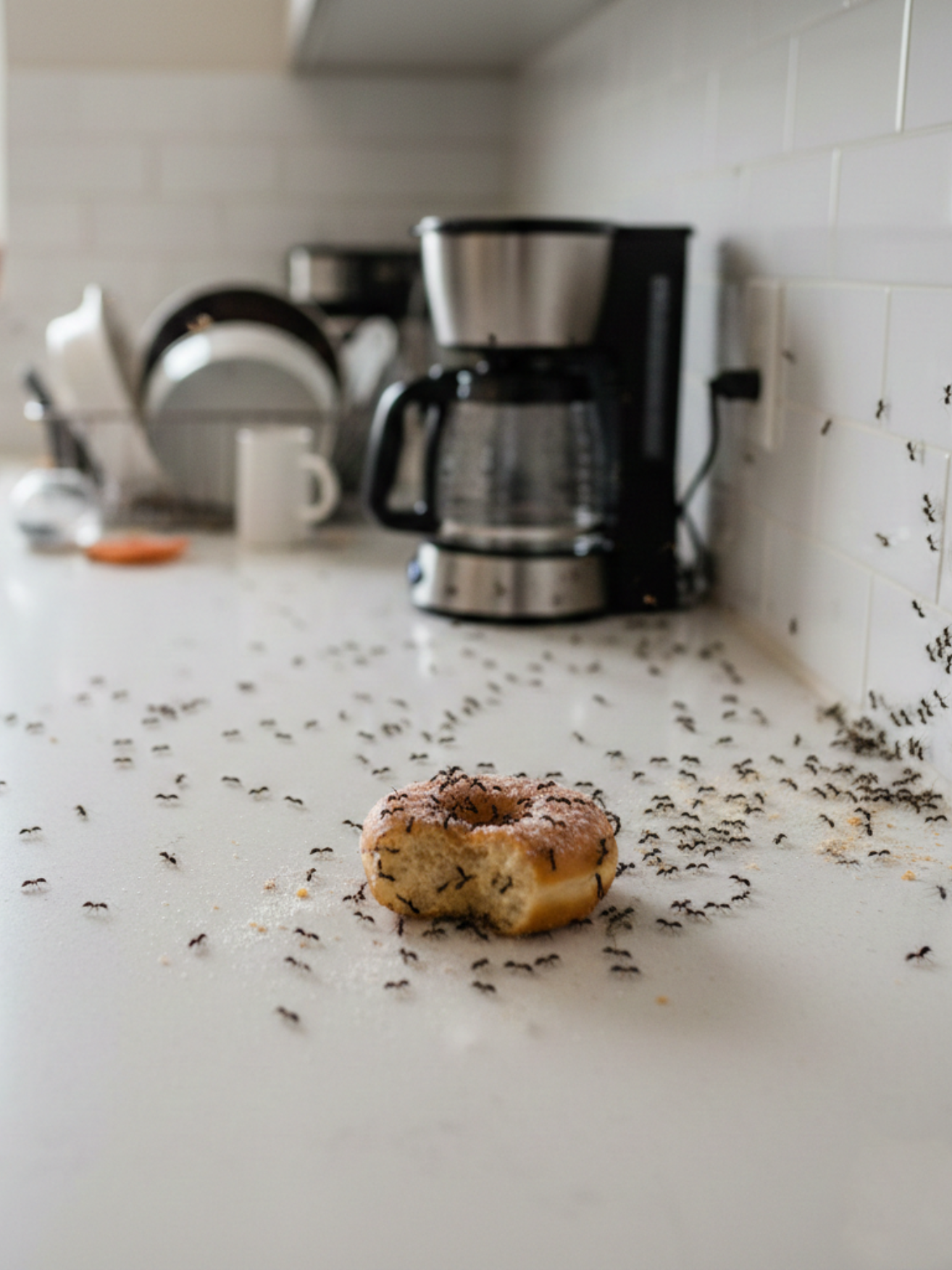 Donut covered in ants sitting on kitchen counter.