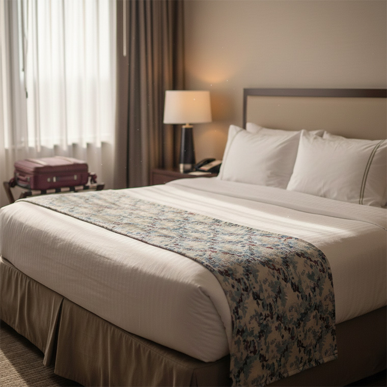 Hotel bed with white linens and decorative runner.
