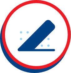 Blue eraser icon with shavings inside a bordered white circle.