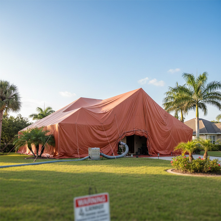 House under large orange tent, hoses attached for fumigation.