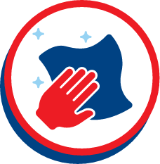 A red hand wipes a blue cloth with sparkling stars.