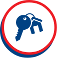 Blue key and house icon inside circular border.