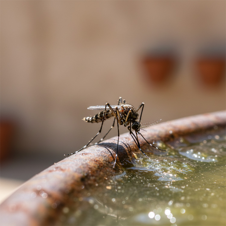 Mosquito resting on water-filled container edge.