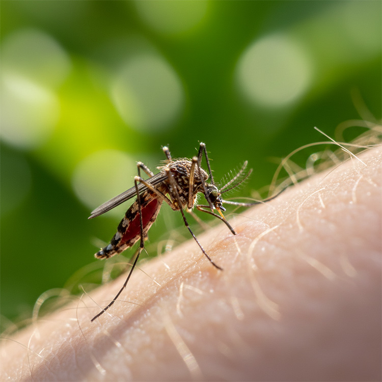 Mosquito feeding on human skin.