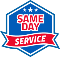 Blue hexagon badge shows three stars and same day service text.