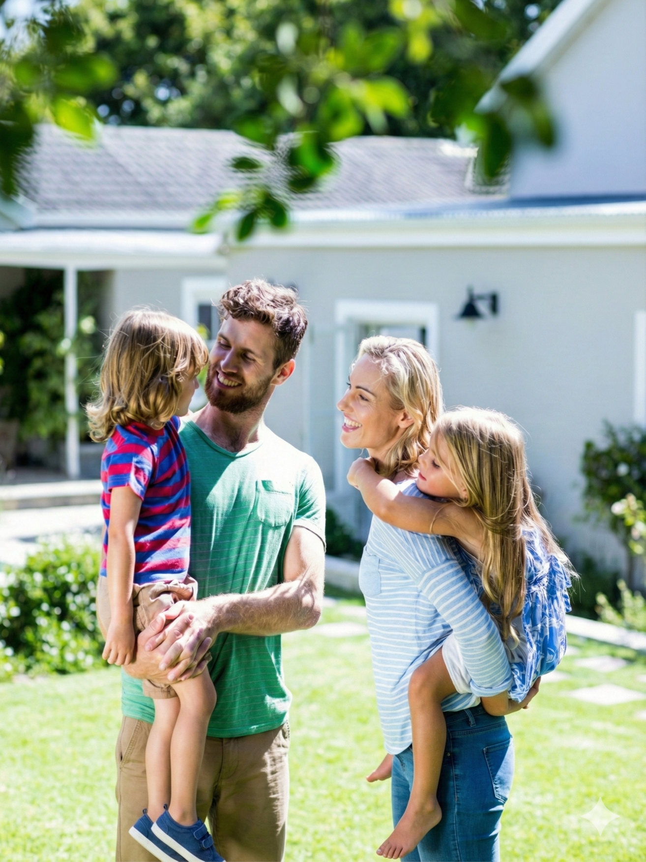 Family of four smiling together in a sunny backyard.