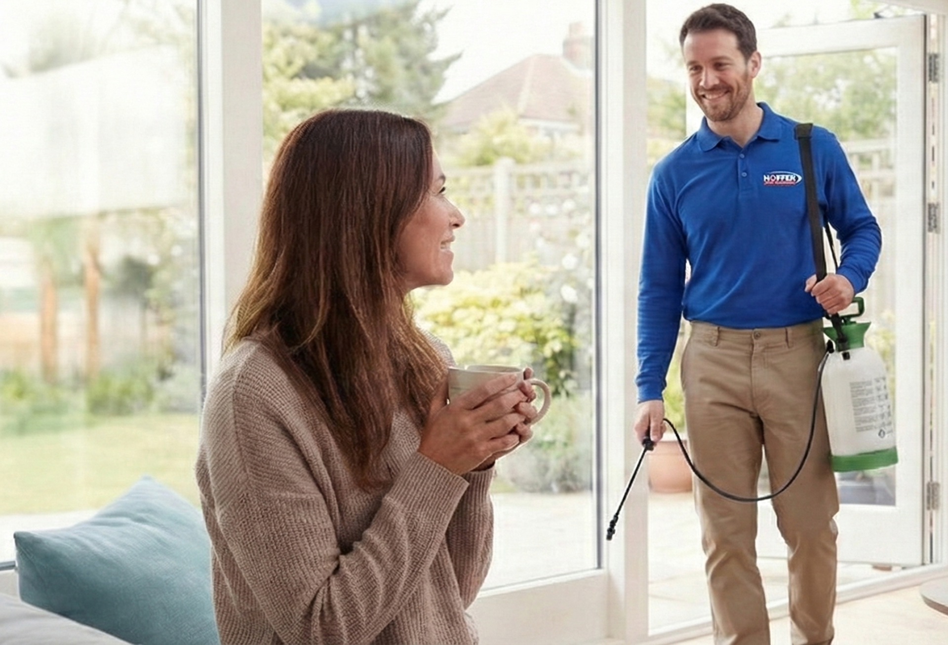 Woman with mug smiles at man carrying pest control components.