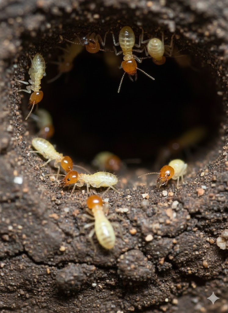 Termites with pale bodies and reddish heads near a tunnel entrance.