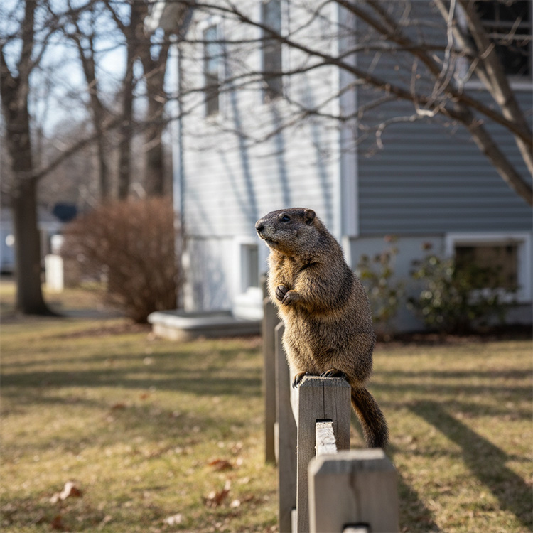 Groundhog stands upright on a wooden fence.