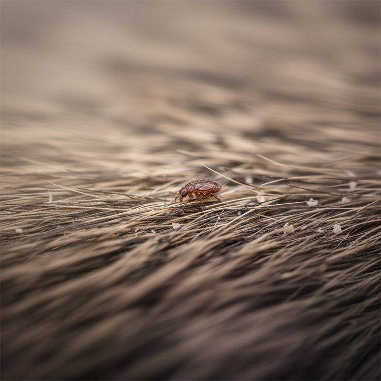 Brown flea sits on animal fur with white specks nearby.