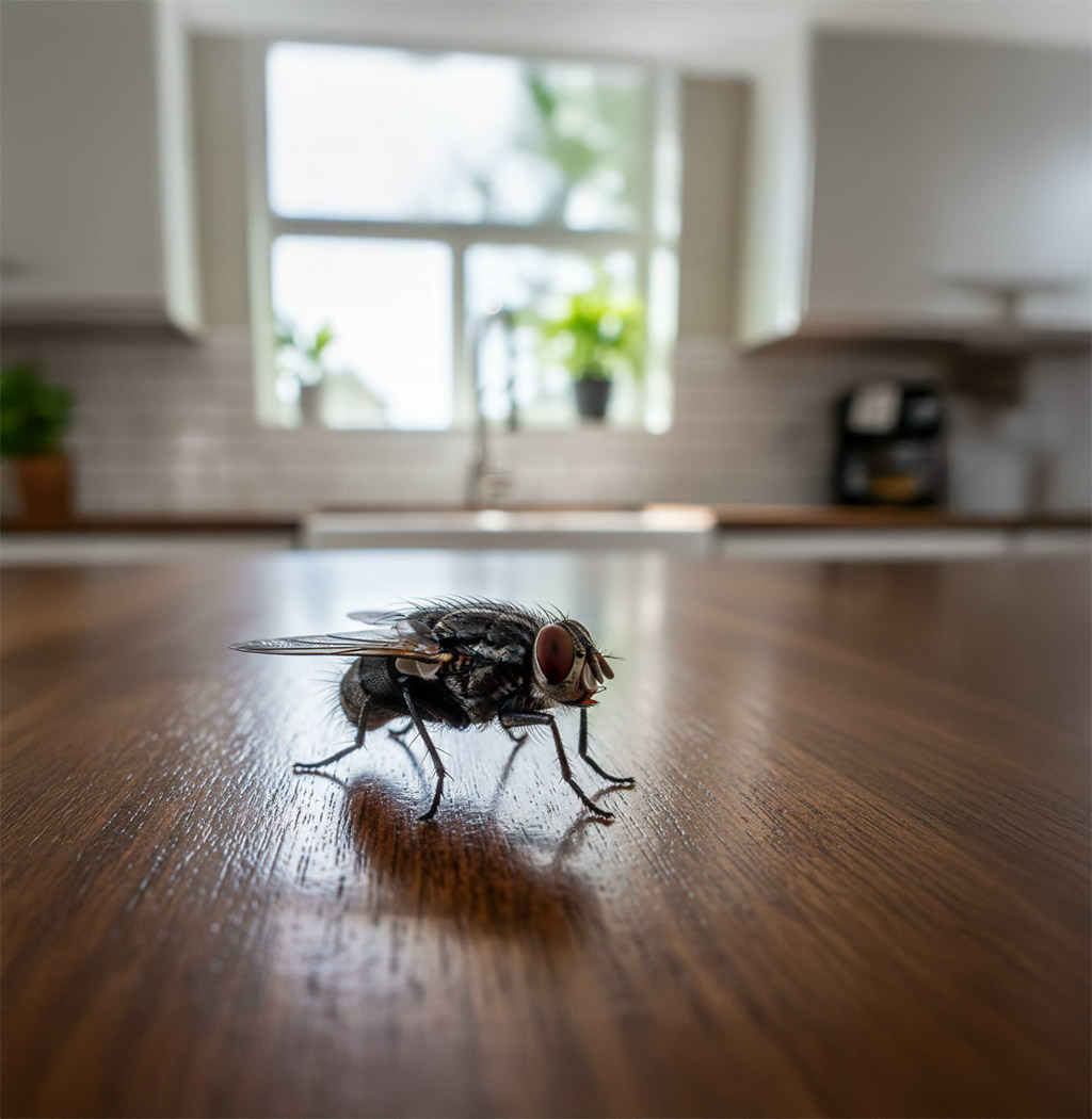 Housefly standing on a wooden kitchen table.
