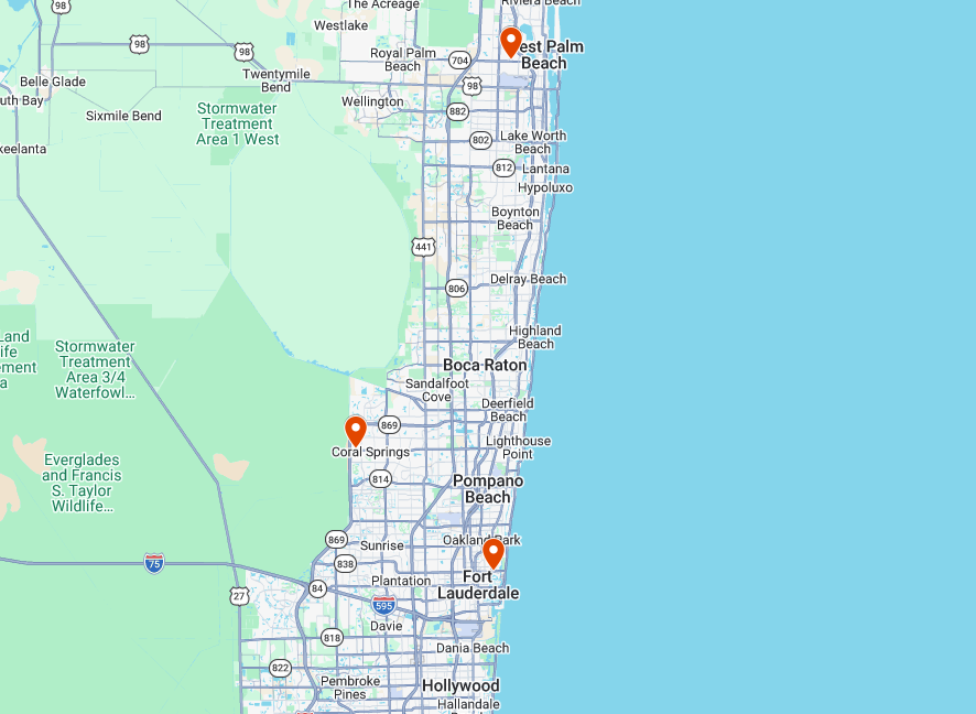 Map highlights West Palm Beach, Coral Springs, and Fort Lauderdale with highways labeled.