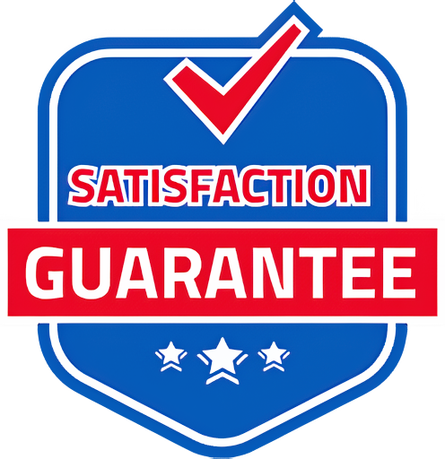 Blue badge with red checkmark and satisfaction guarantee text.
