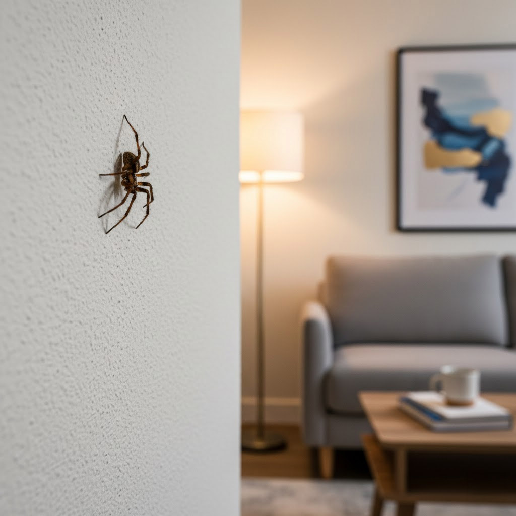 A large spider clings to a white textured wall.