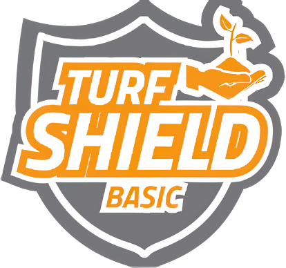 Orange hand holding sprouting plant above TURF SHIELD BASIC text.