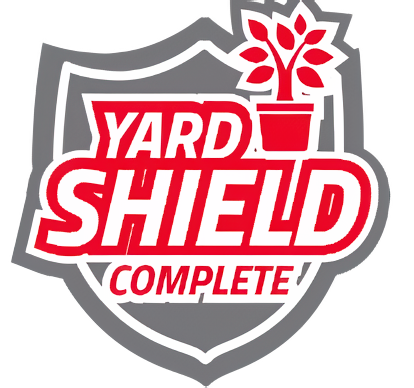 Gray shield outline with red plant and Yard Shield Complete text.