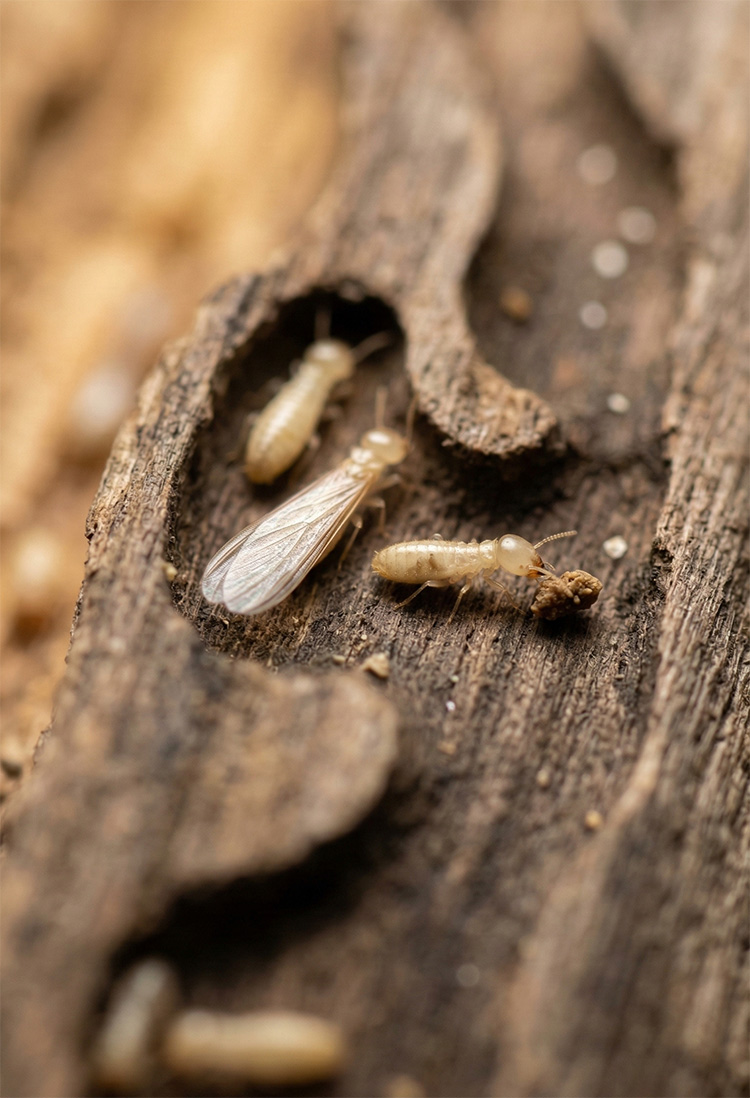 Drywood Termites crawling on damaged wood with visible wings.