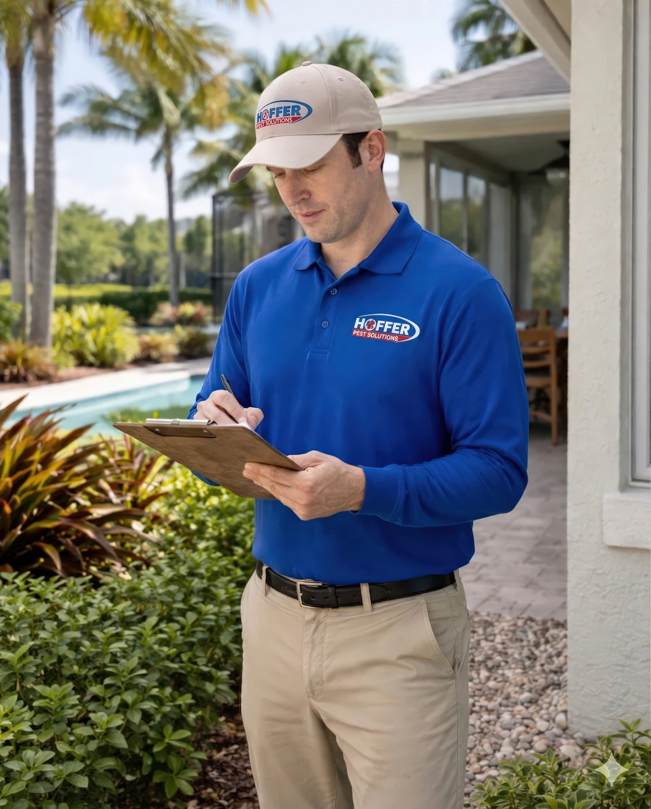 Man in Hoffer Pest Control shirt writes on clipboard.