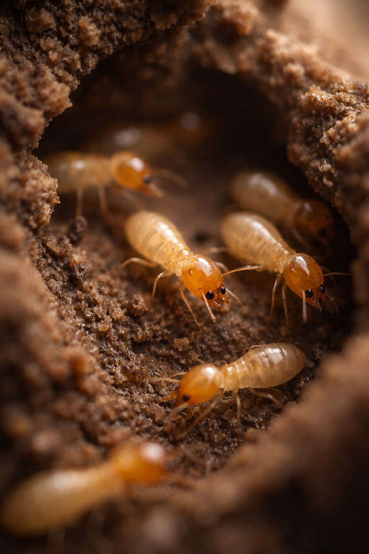 Termites crawling in a dirt tunnel surrounded by soil.