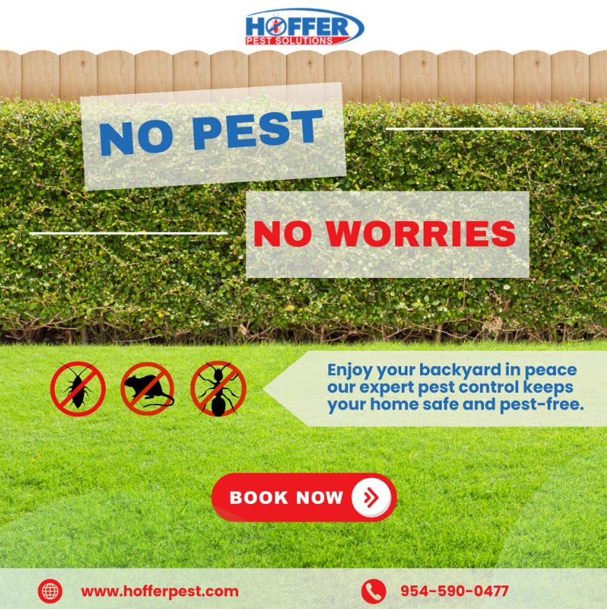 Backyard with green grass, fence, hedge, pest control ad.