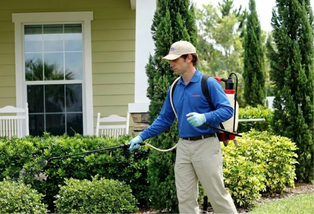 Person in gloves and hat sprays bushes outside Florida house.