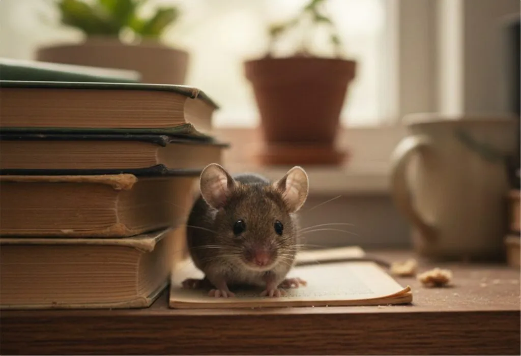 A brown mouse sits on an open book.