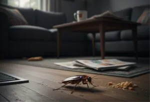 A cockroach crawls on a wooden floor near crumbs.