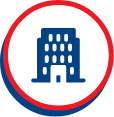 Blue building with windows and door inside bordered white circle.