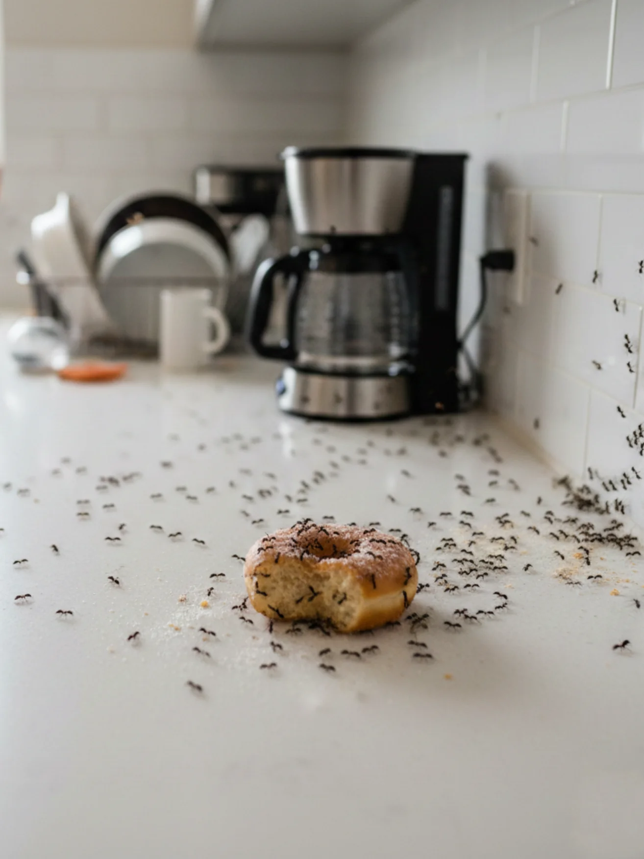 Donut covered in ants sitting on kitchen counter.