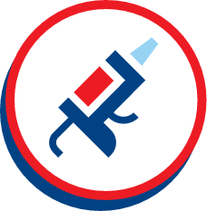 Stylized syringe icon centered in a circular border.