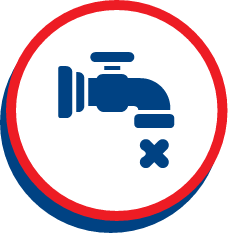 Blue faucet icon with blue X in circular border.