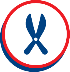 Blue garden shears silhouette centered in a white circle.