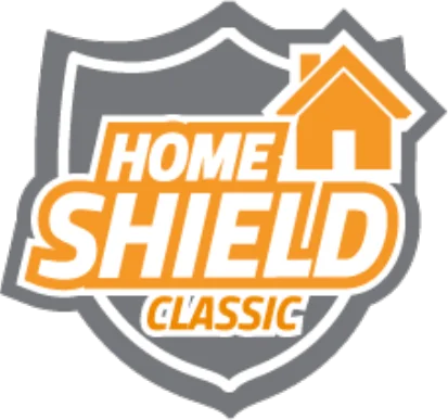 Logo with gray shield, orange house, HOME SHIELD CLASSIC text.