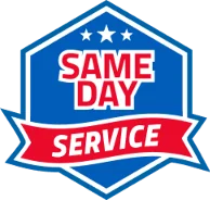 Blue hexagon badge shows three stars and same day service text.