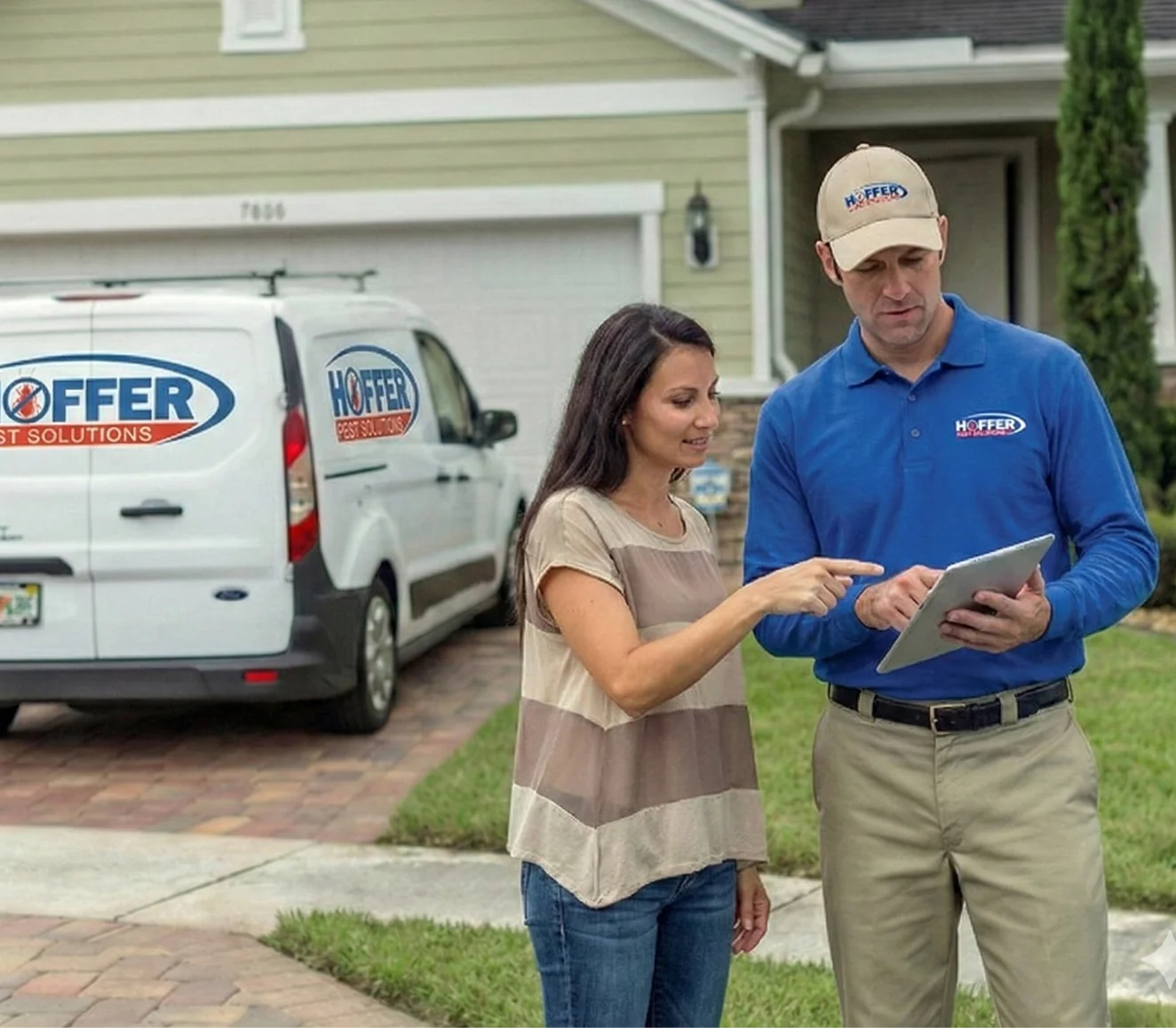 Pest control technician shows woman a tablet outside house.