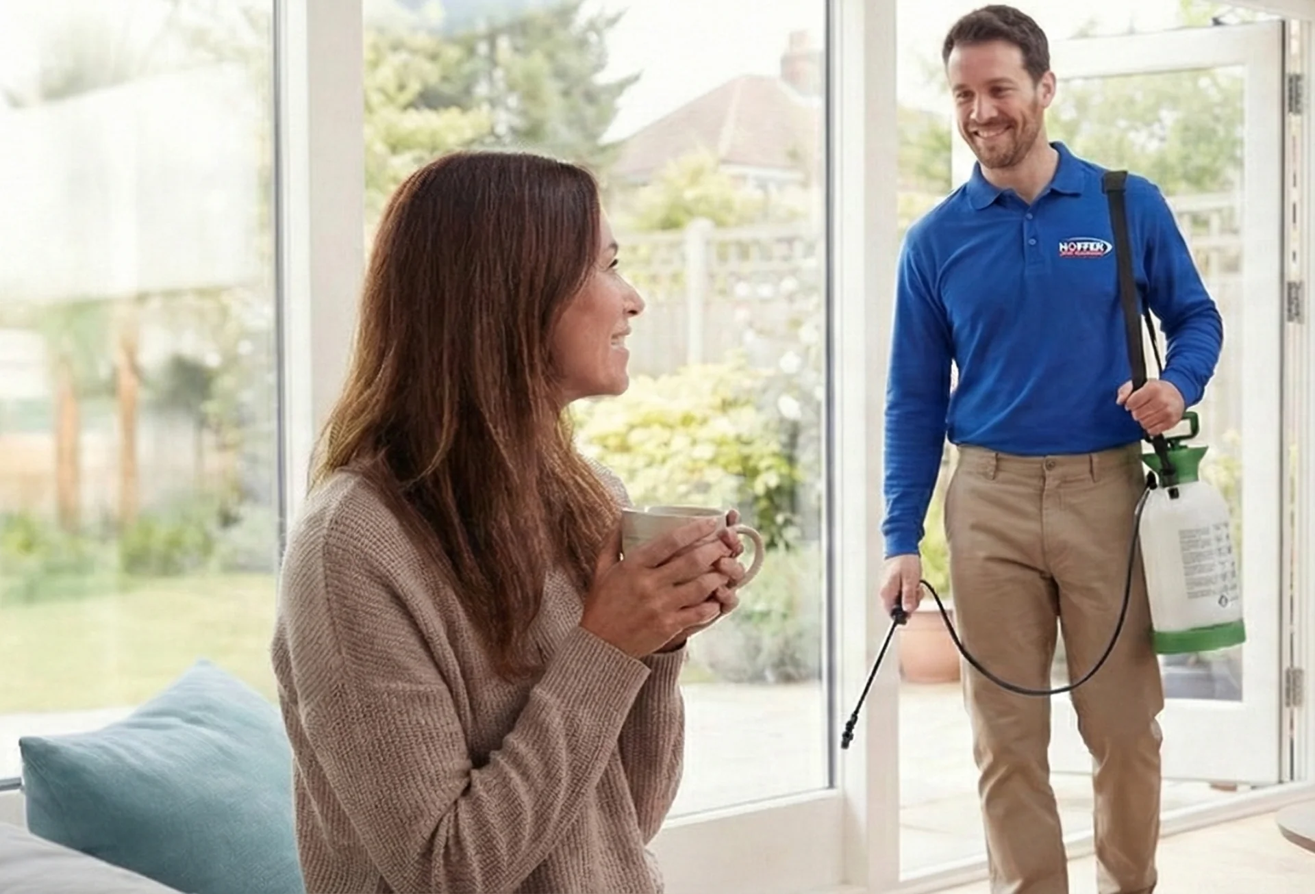 Woman with mug smiles at man carrying pest control components.