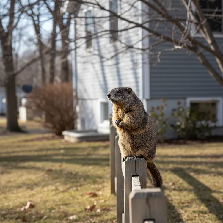 Groundhog stands upright on a wooden fence.