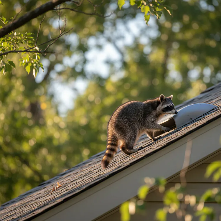 Raccoon climbing on a sloped house roof.