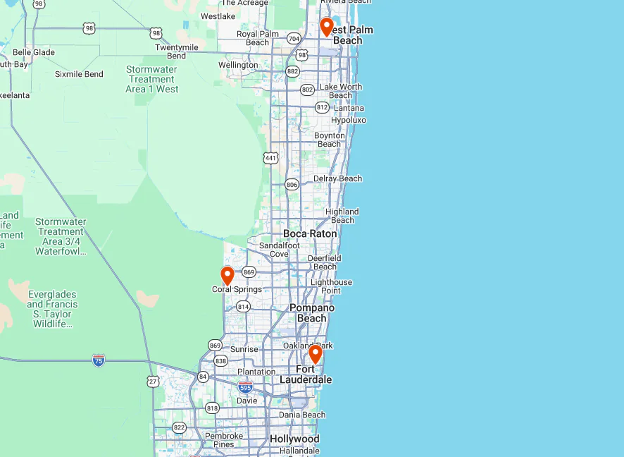Map highlights West Palm Beach, Coral Springs, and Fort Lauderdale with highways labeled.