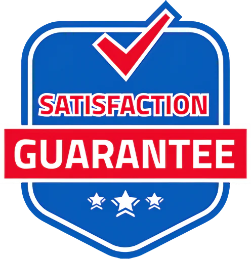 Blue badge with red checkmark and satisfaction guarantee text.